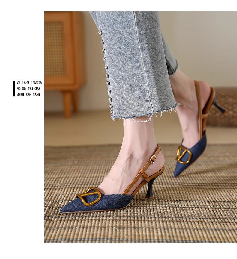 French Shallow Mouth Pointed Toe Stiletto Women's Denim High Heel Sandals Summer Breathable and Leg - lengthening - Real fashion